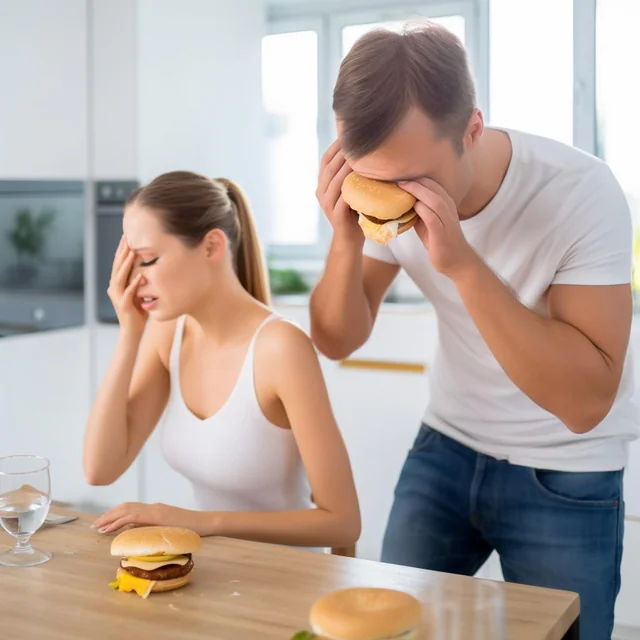 photo of a man mansplaining a woman on how to eat hamburger v0