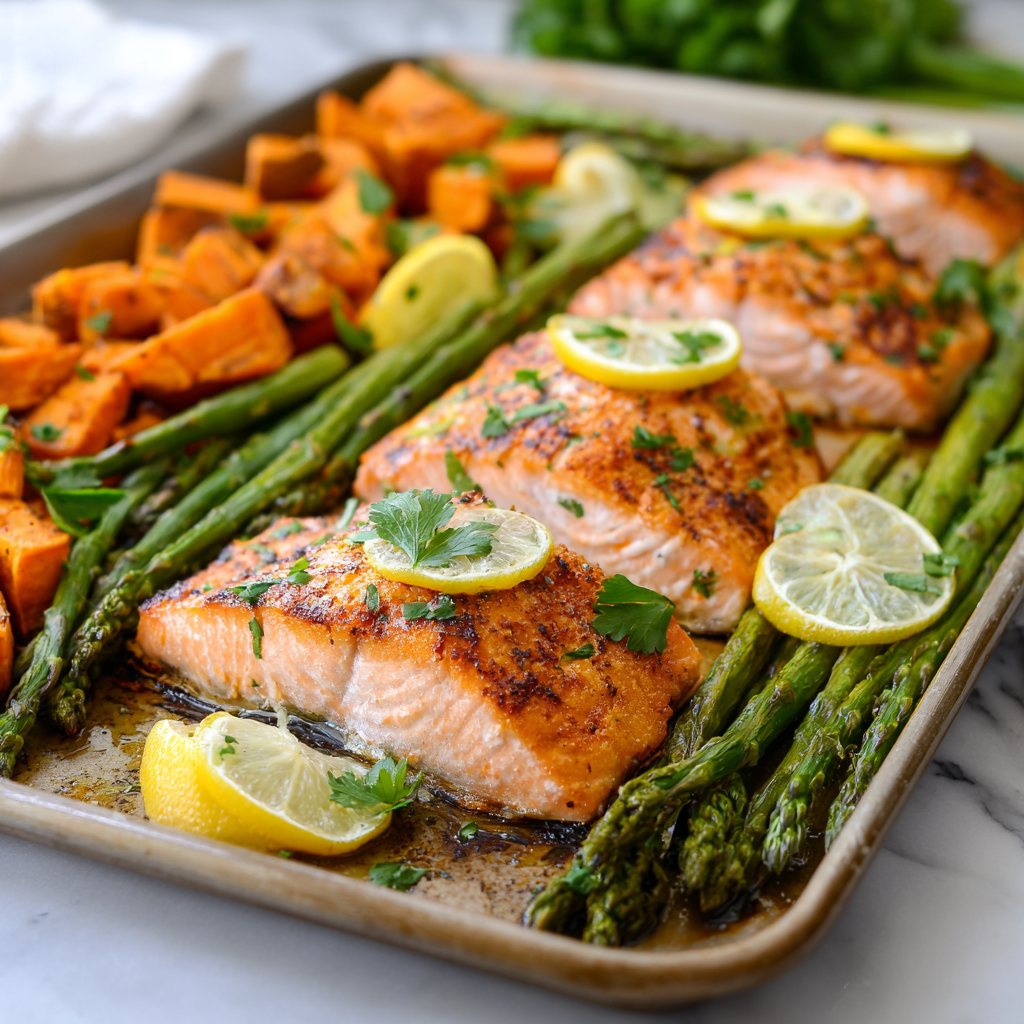 Sheet-Pan Baked Salmon with Sweet Potatoes and Asparagus